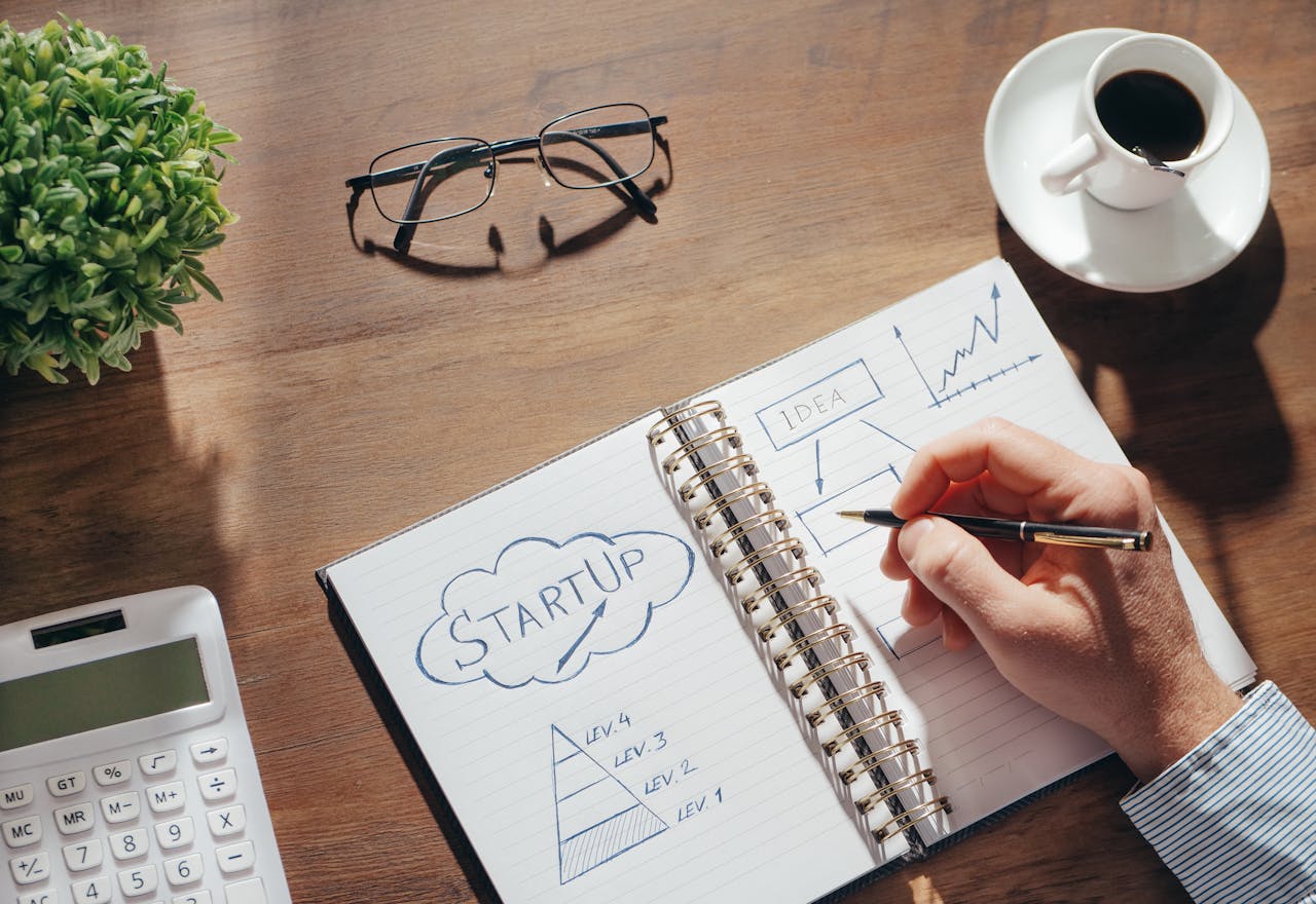 A creative workspace featuring startup planning on a notepad, eyeglasses, and a cup of coffee.
